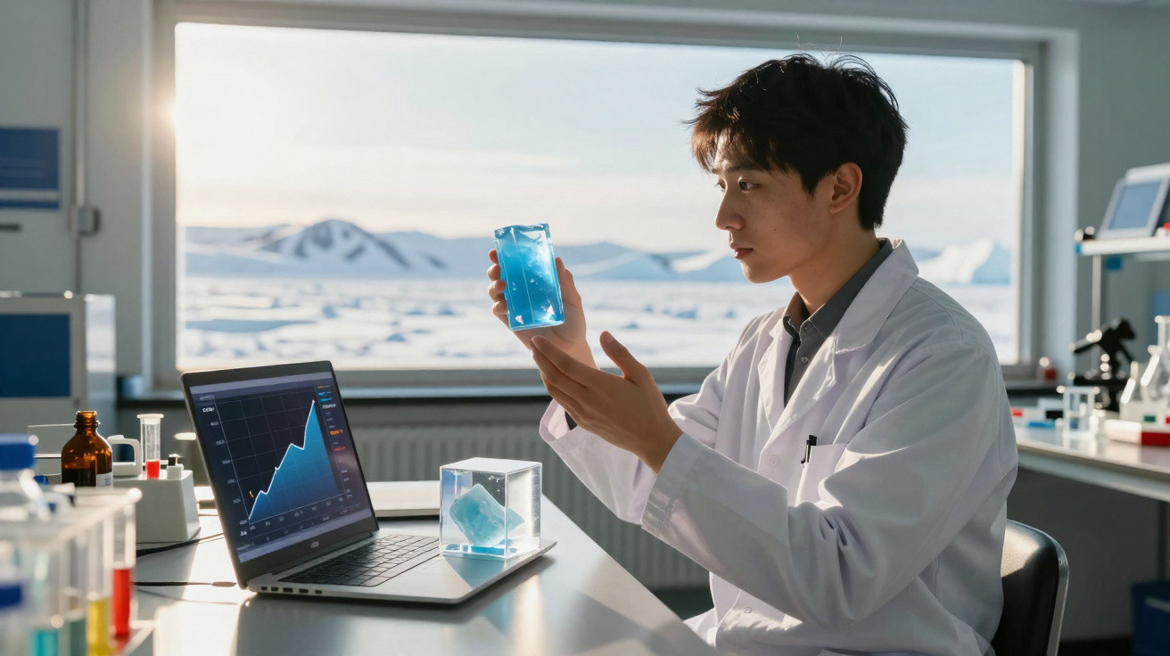 Wissenschaftler im Labor untersucht blaue Flüssigkeit in Flasche vor Laptop mit Diagramm, Schnee draußen sichtbar.