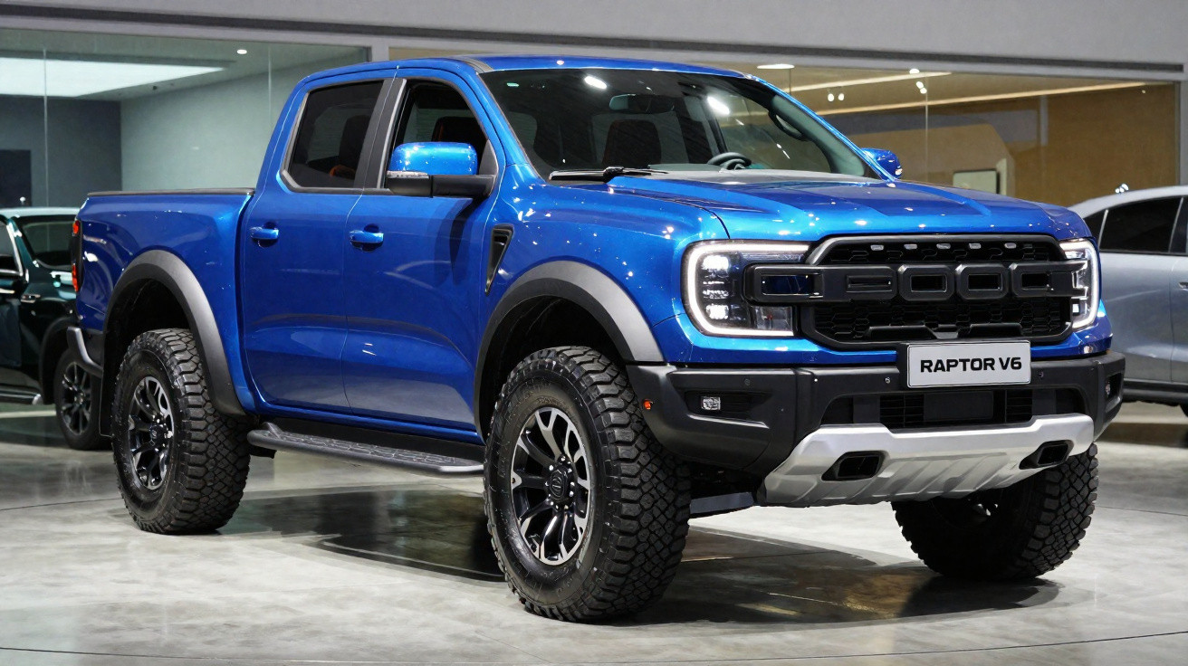 Blauer Ford Raptor V6 Pickup-Truck mit großen Geländereifen in einem hell beleuchteten Showroom.