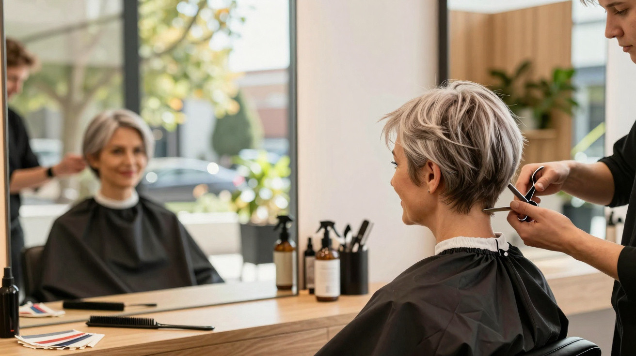 Frau mit kurzem Haar sitzt im Friseursalon, Friseur schneidet Haare, Spiegelbild sichtbar.