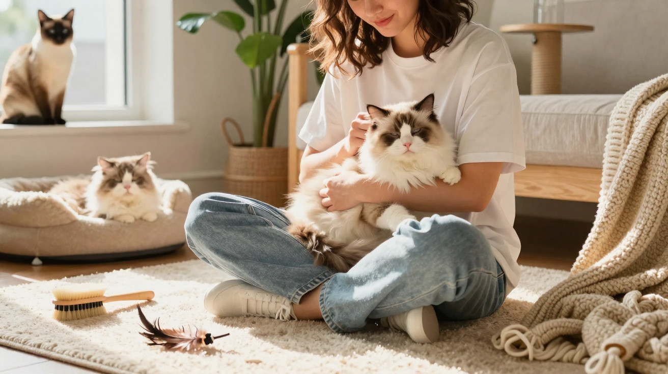 Frau sitzt auf Teppich und streichelt eine Katze, zwei weitere Katzen im gemütlichen Wohnzimmer.