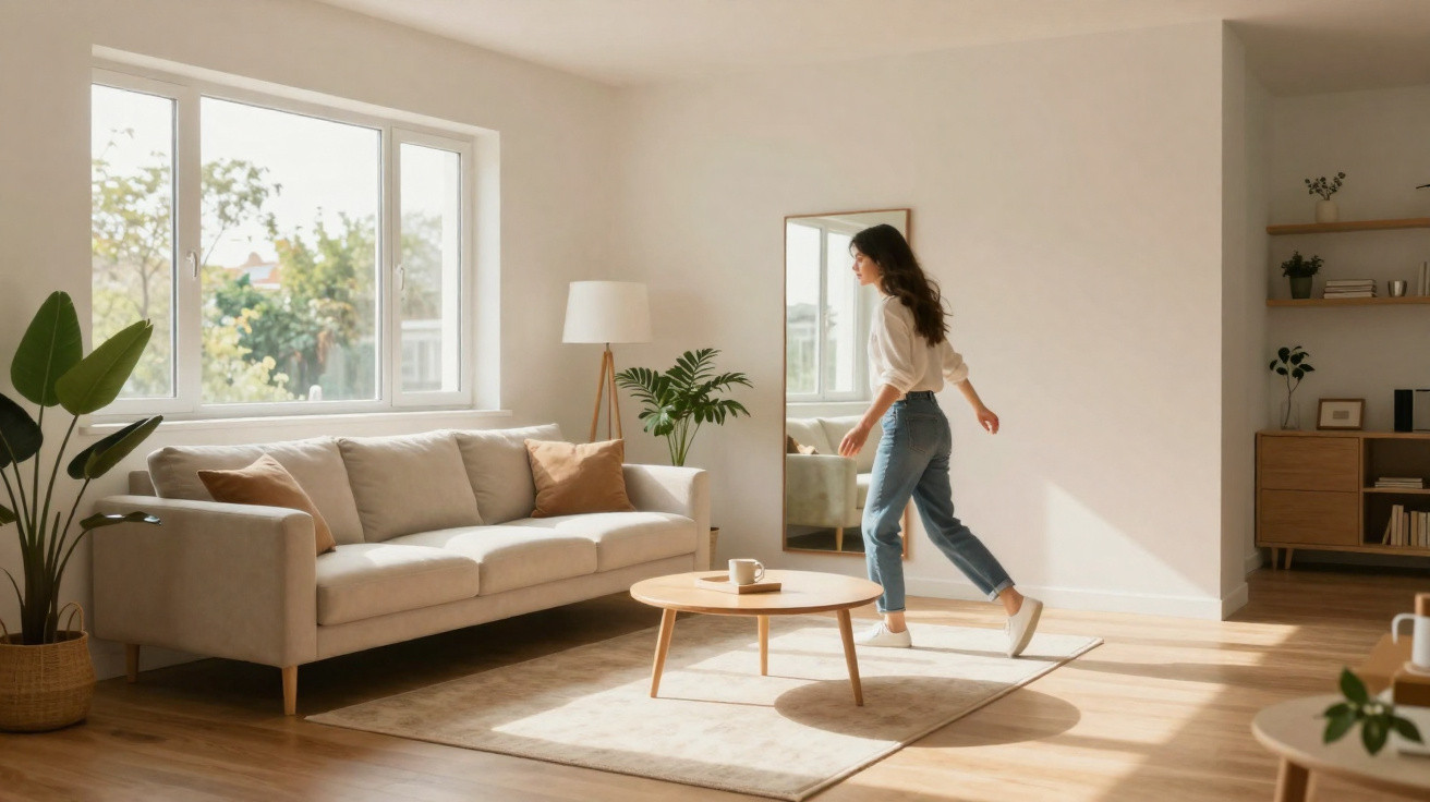 Frau geht barfuß in hellem Wohnzimmer mit Sofa, Teppich, Stehlampe und rundem Couchtisch aus Holz.