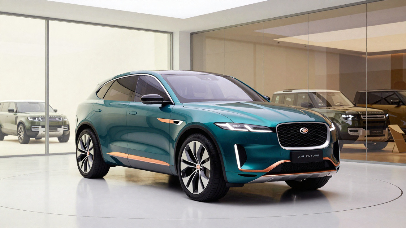 Elektro-SUV in Grün mit schwarzem Kühlergrill und Kupferakzenten in modernem Ausstellungsraum.
