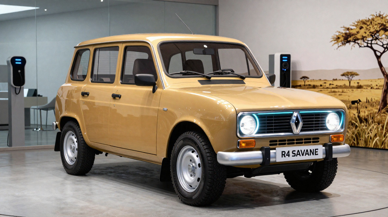 Beiger Renault R4 Savane Oldtimer mit leuchtenden Scheinwerfern in moderner Ausstellungshalle.