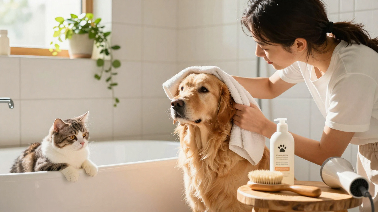 Frau trocknet Hund mit Handtuch, Katze schaut aus der Badewanne, Badezimmer mit Pflanzen und Pflegeprodukten.