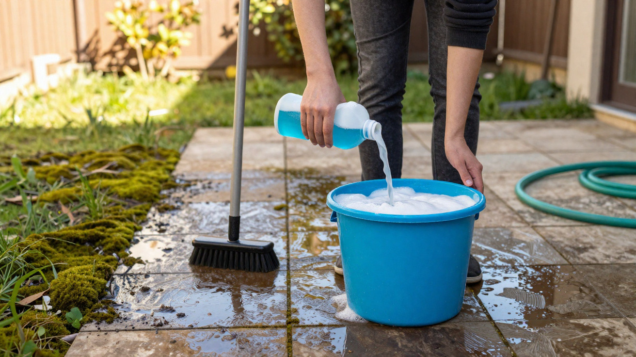 Person gießt Reinigungsmittel in einen blauen Eimer mit Seifenwasser auf einem nassen Außenfliesenboden.