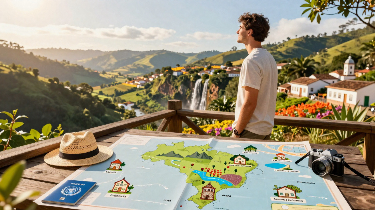 Mann steht auf Terrasse, blickt auf Wasserfall und Landschaft, Karte, Kamera und Hut liegen auf Tisch