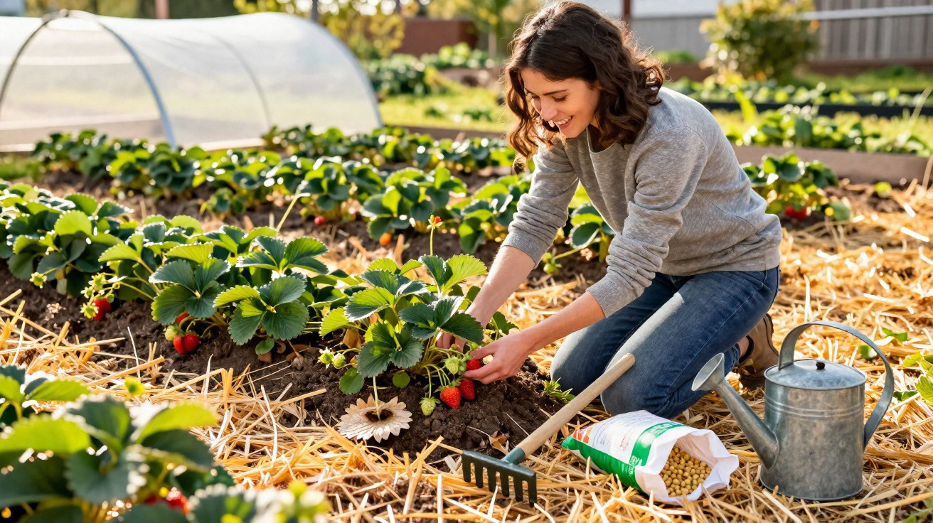 Frau erntet reife Erdbeeren in einem Garten mit Strohmulch, Gießkanne, Hacke und Dünger in der Sonne.