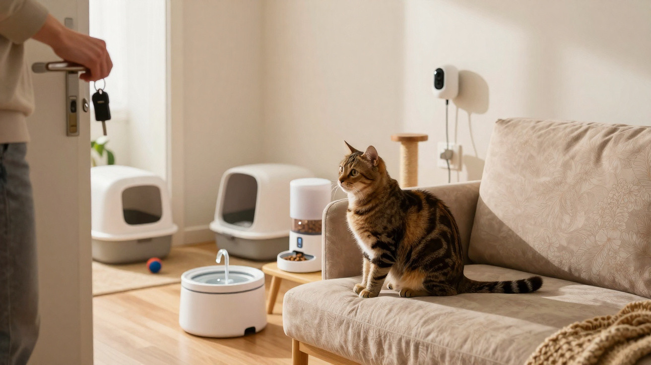 Katze sitzt auf Sofa in modernem Wohnzimmer mit Katzenklos, Futterspender und Wasserschale.