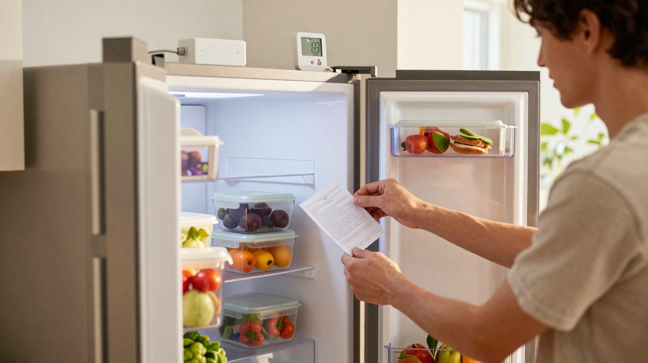 Person liest Zettel vor offenem, gut gefülltem Kühlschrank mit Obst und Gemüse in moderner Küche.