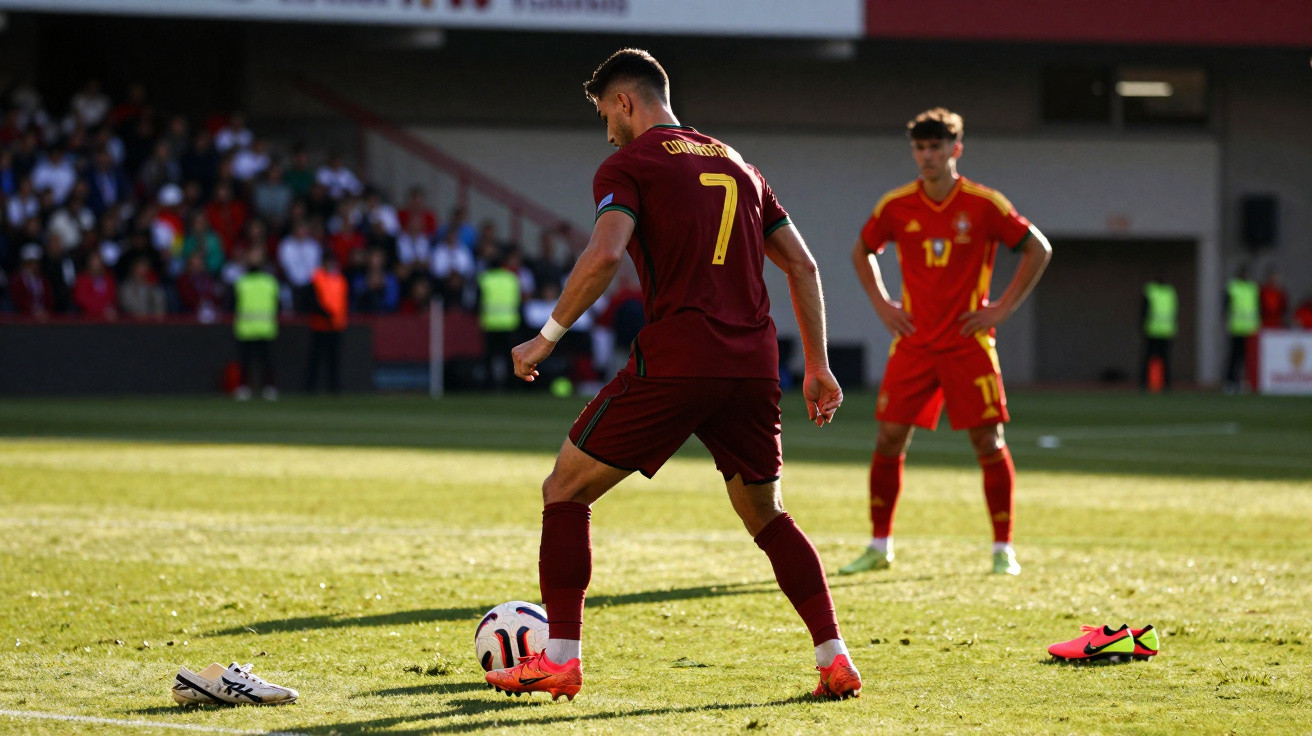Fußballspieler in dunkelrotem Trikot mit Ball auf dem Spielfeld, im Hintergrund Spieler in rotem Trikot.