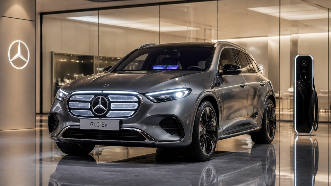 Silberner Mercedes GLC EV Elektro-SUV in modernem Showroom neben Ladestation mit Mercedes-Logo.