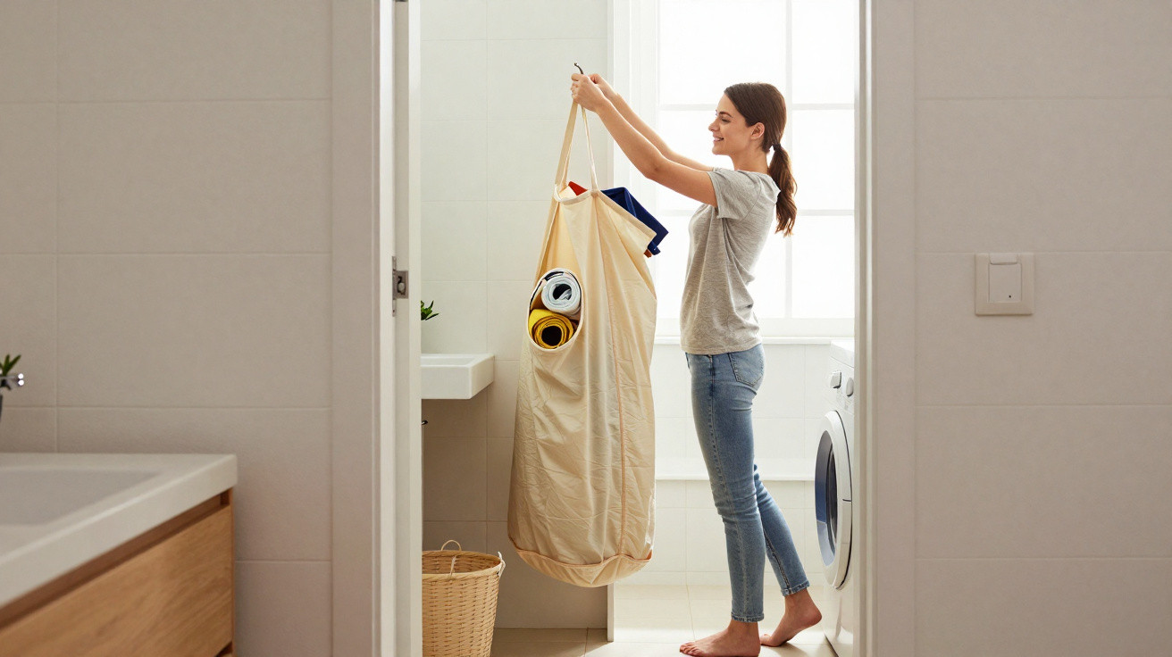 Frau hängt einen großen Wäschesack im hellen Badezimmer neben der Waschmaschine auf.