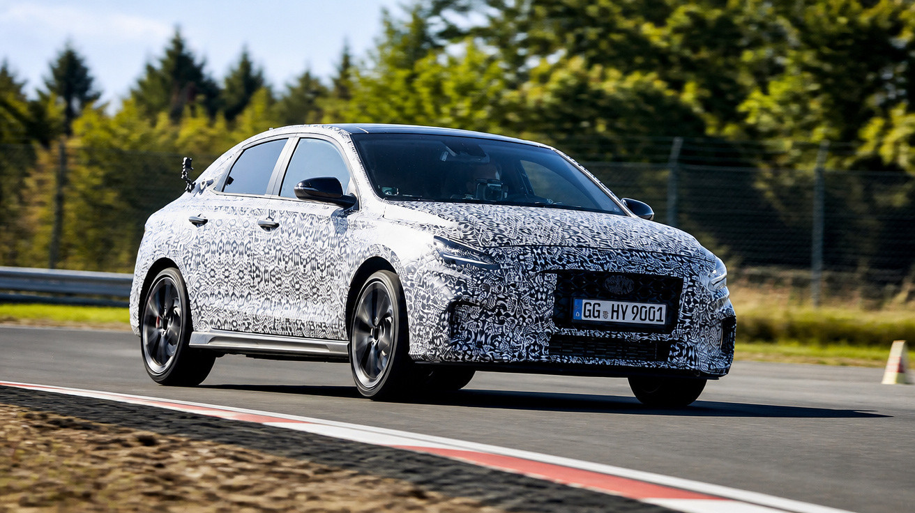 Tarnlackierter Prototyp eines sportlichen Limousinenwagens fährt auf Rennstrecke bei Sonnenschein.