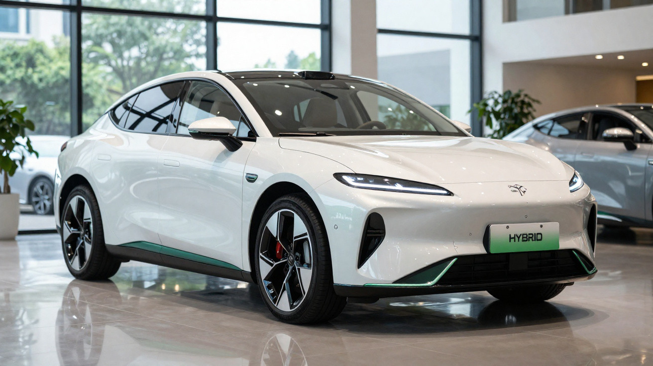 Weißes modernes Hybridauto mit sportlichem Design in einem hellen Showroom.