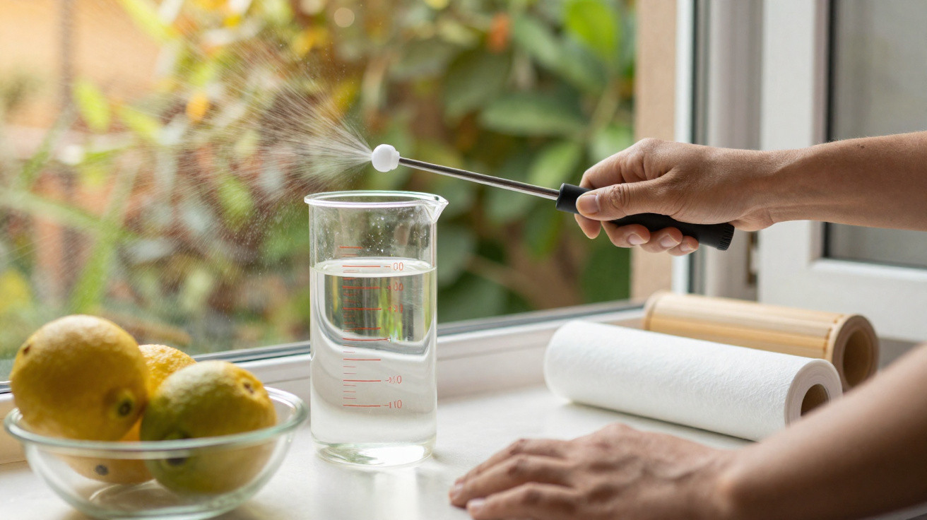 Hand sprüht Wasser mit Duschstab über Messbecher, daneben Schale mit Zitronen und Küchenrolle am Fensterbrett.