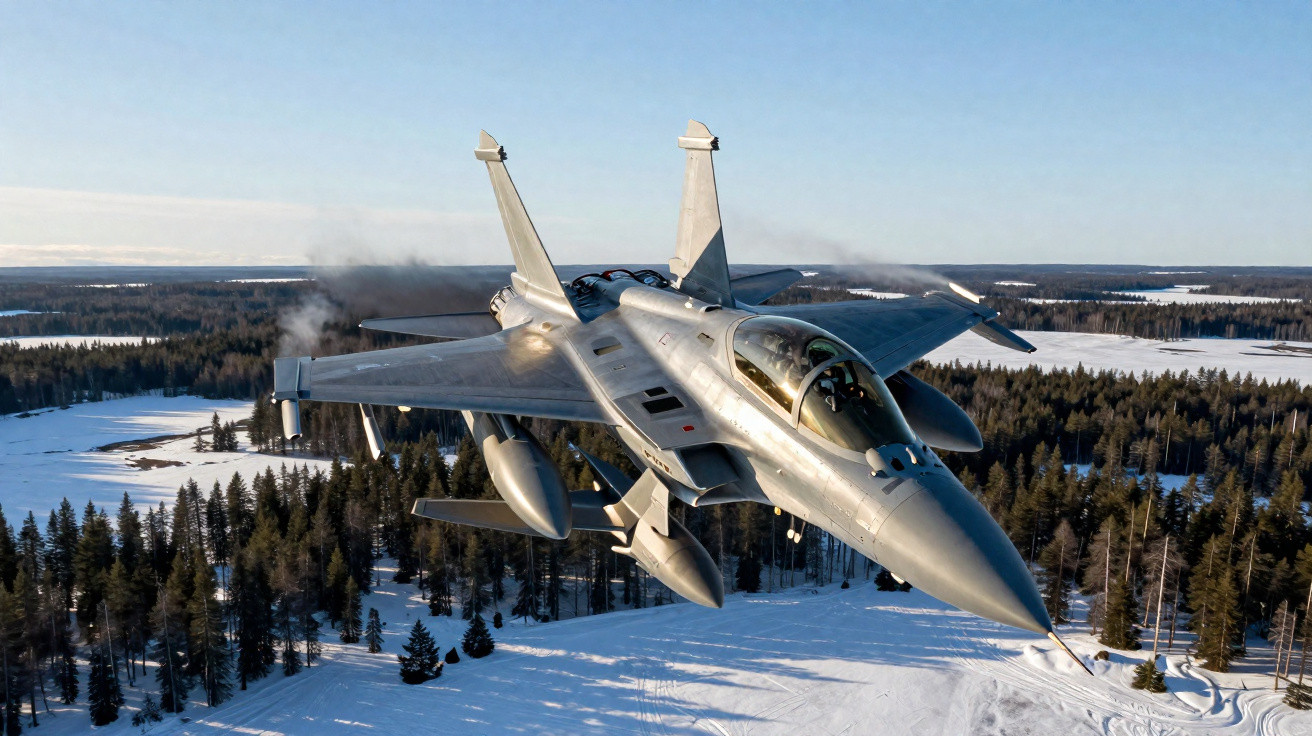 Kampfjet fliegt über verschneite Waldlandschaft bei klarem Himmel am Tag.