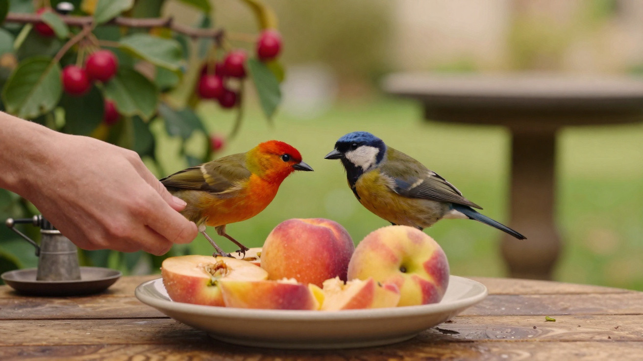 Zwei Vögel auf einem Teller mit Pfirsichen, eine Hand hält den Ast eines Baumes mit roten Beeren.