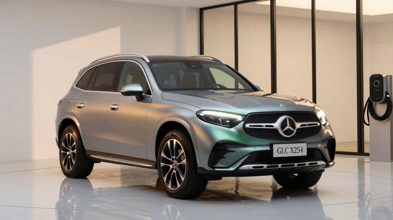 Silberner Mercedes GLC X254 SUV steht in modernem Raum neben Ladestation für Elektroautos.