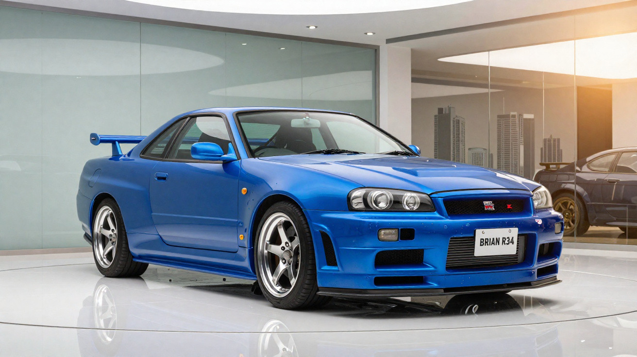 Blauer Nissan Skyline GT-R R34 Sportwagen auf weißem Ausstellungsboden vor Glaswand mit Stadtbild.