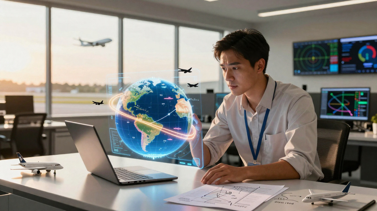 Mann am Schreibtisch mit Laptop analysiert holographische Erde und Flugrouten in modernem Kontrollzentrum.