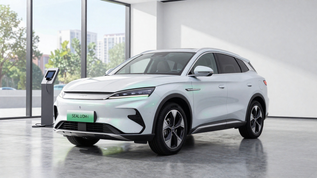 Weißes Elektro-SUV steht in modernem Raum an Ladestation neben großer Fensterfront.