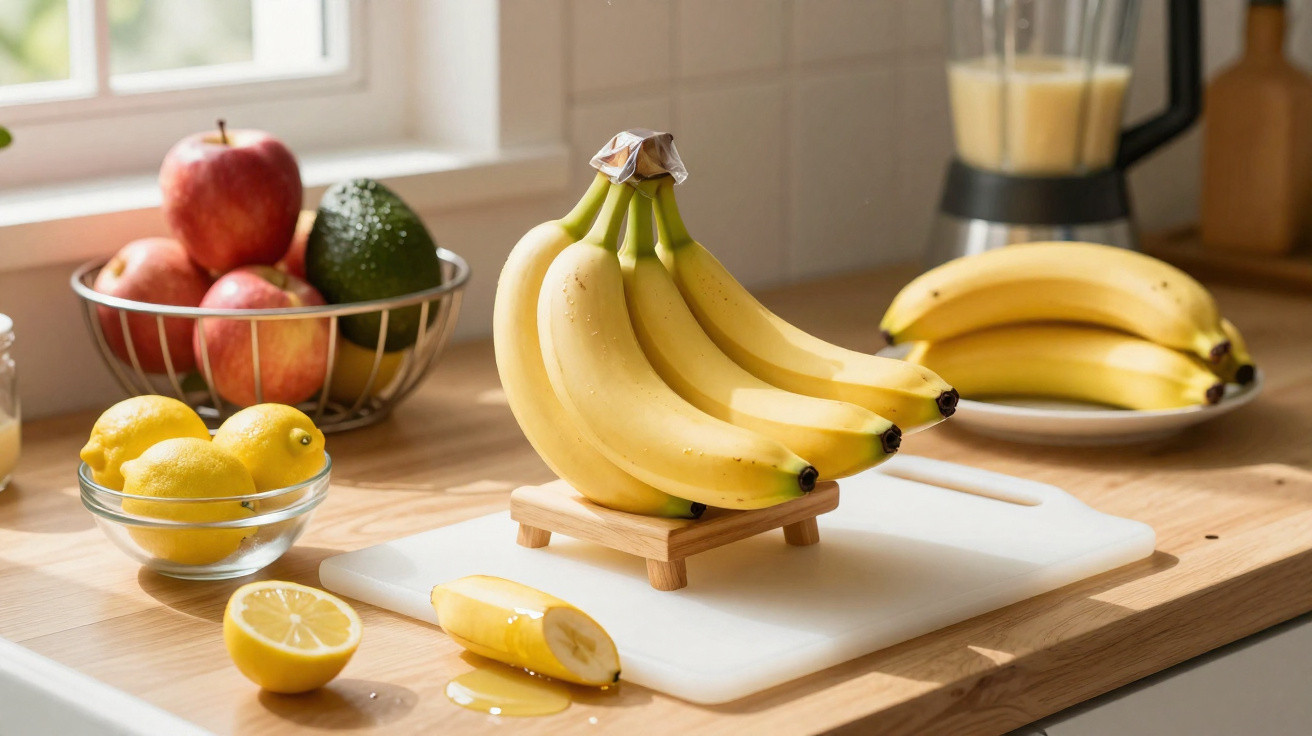 Bananen auf Holzhalter und Schneidebrett, Zitronen, Äpfel und Avocado auf Küchenarbeitsplatte bei Tageslicht