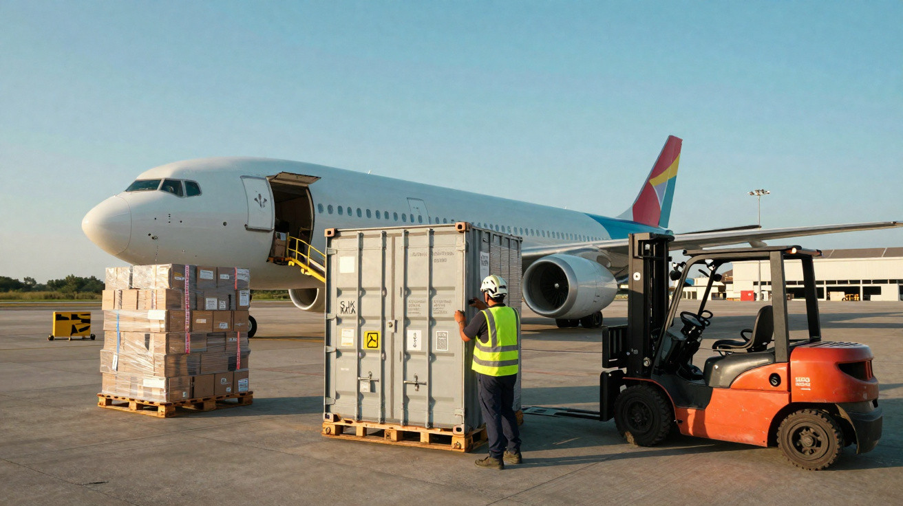 Mitarbeiter lädt Container per Gabelstapler in Flugzeug auf einem Flughafen-Frachtbereich bei Tageslicht.