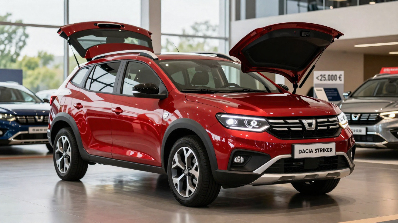 Roter Dacia Striker SUV im Autohaus mit geöffneten Motorhauben und Kofferraum, moderne Beleuchtung.