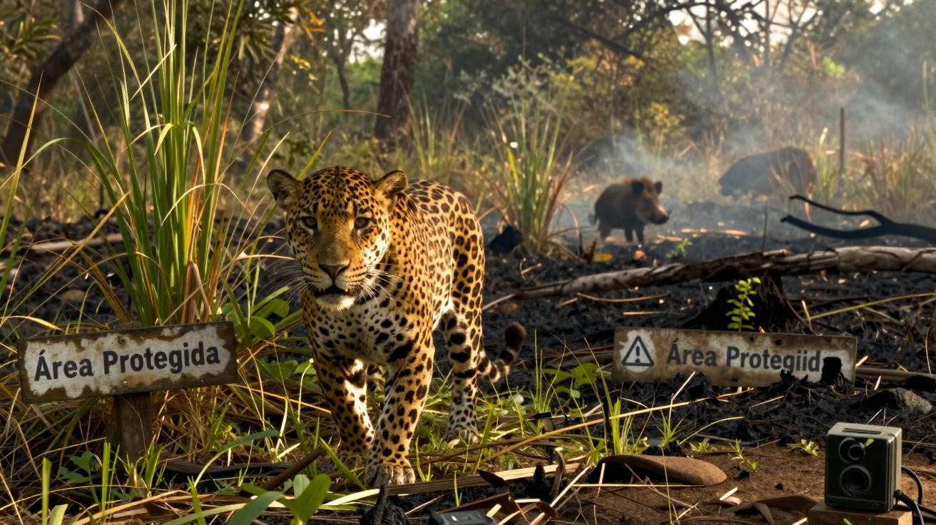 Jaguar in brennendem Schutzgebiet, Wildschwein im Hintergrund, Schilder mit „Área Protegida“ sichtbar.