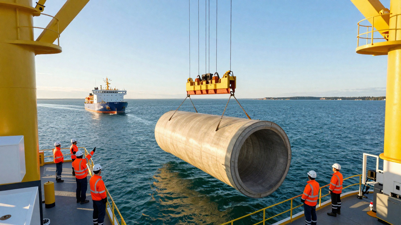 Arbeiter mit Schutzkleidung heben mit Kran großes Betonrohr auf einem Schiff über dem Wasser.