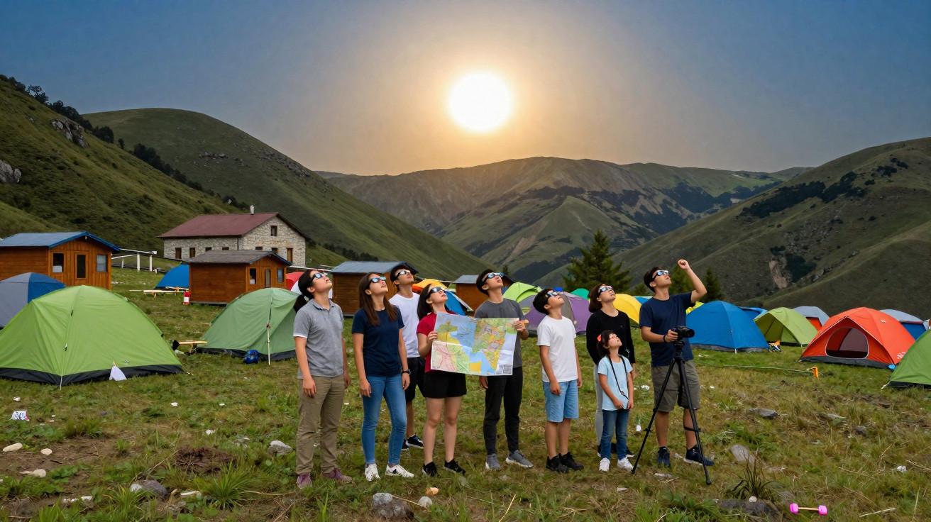 Gruppe von Menschen mit Schutzbrillen beobachtet eine Sonnenfinsternis in einem Zeltlager in den Bergen bei Sonnenuntergang.