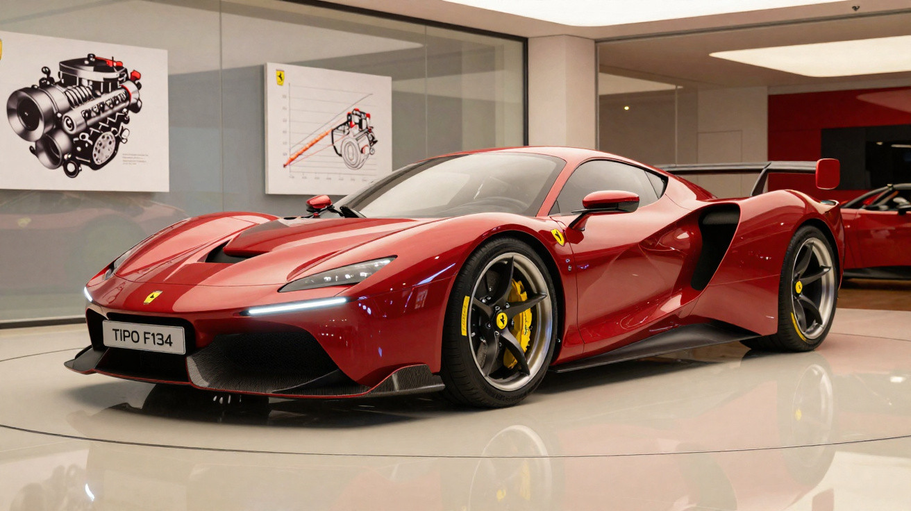 Roter Ferrari-Supersportwagen mit TIPO F134 Nummernschild in modernem Ausstellungsraum.