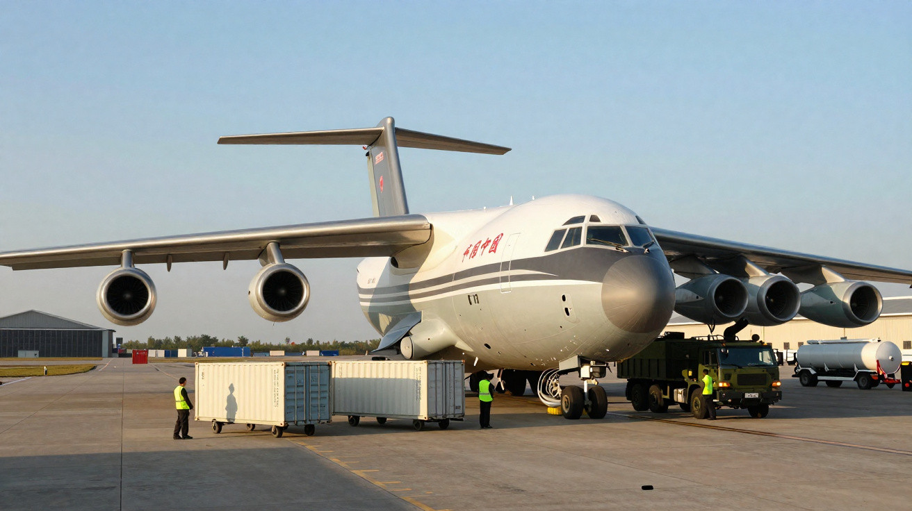 Großes Frachtflugzeug auf dem Rollfeld mit mehreren Arbeitern und Containern beim Beladen.