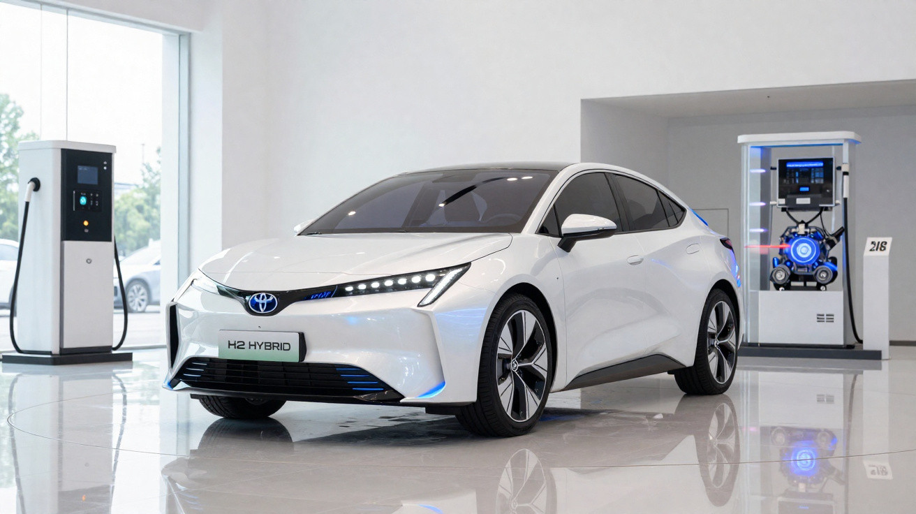 Weißer Toyota H2 Hybrid Elektroauto vor Ladestation in modernem Showroom.