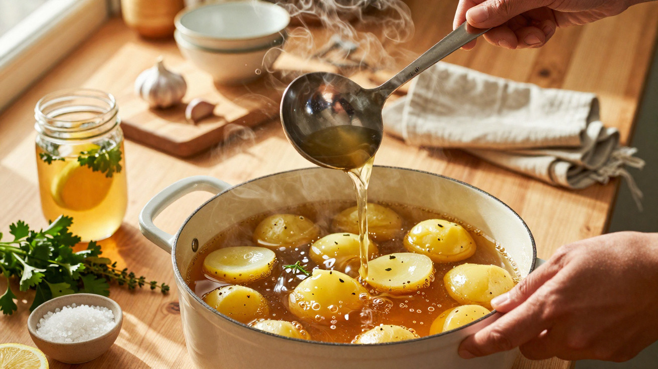 Dampfender Topf mit Kartoffeln, die mit Brühe übergossen werden, umgeben von Kräutern und Gewürzen auf Holzfläche.