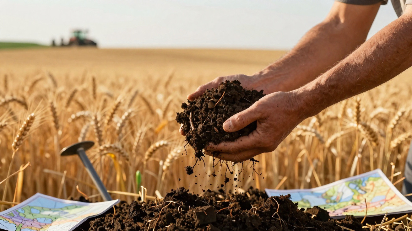 Person hält feuchte Erde über einem Feld mit Weizen, umgeben von Karten und Messgerät.