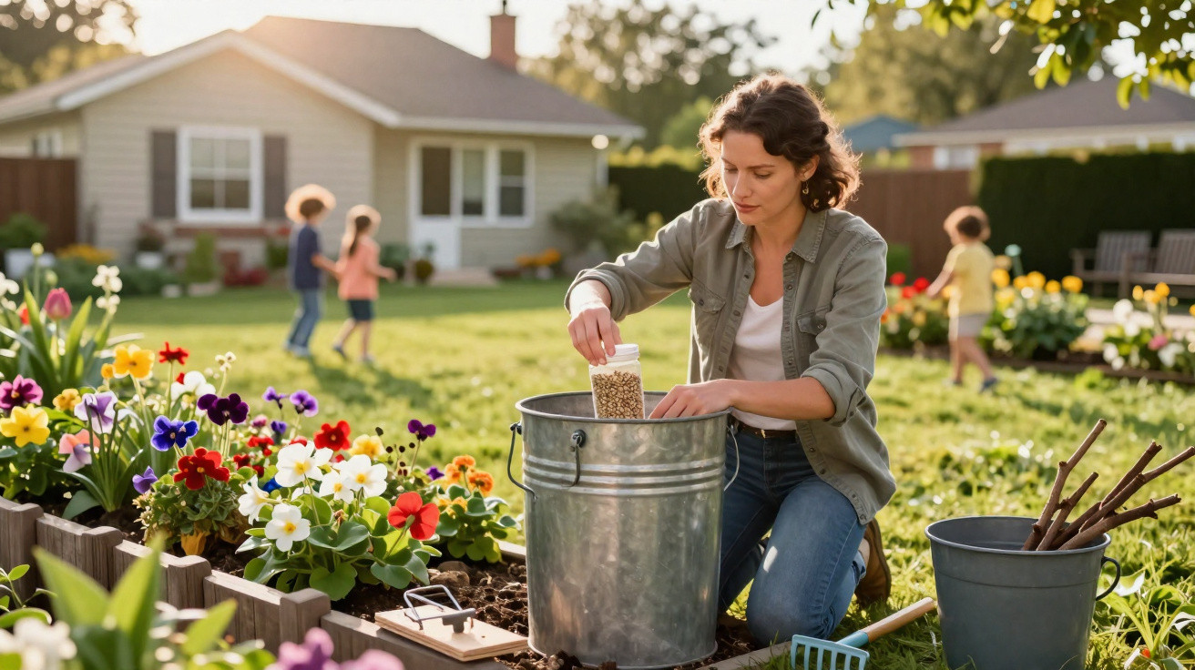 Frau gießt Samen in einen Eimer, bunte Blumen im Garten, Kinder spielen vor einem Haus im Hintergrund.