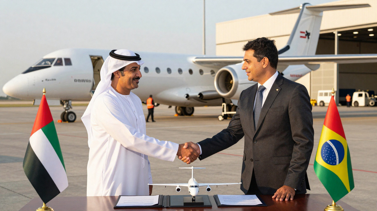 Zwei Männer schütteln am Flughafen die Hand vor einem Flugzeug mit UAE- und Brasilien-Flaggen auf dem Tisch.