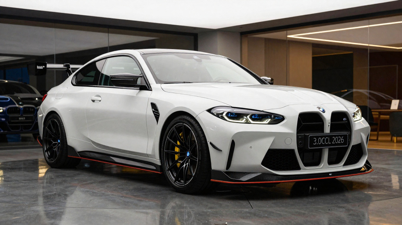 Weißer BMW M4 G82 mit schwarzem Dach und Akzenten, sportlich in moderner Ausstellungshalle geparkt.