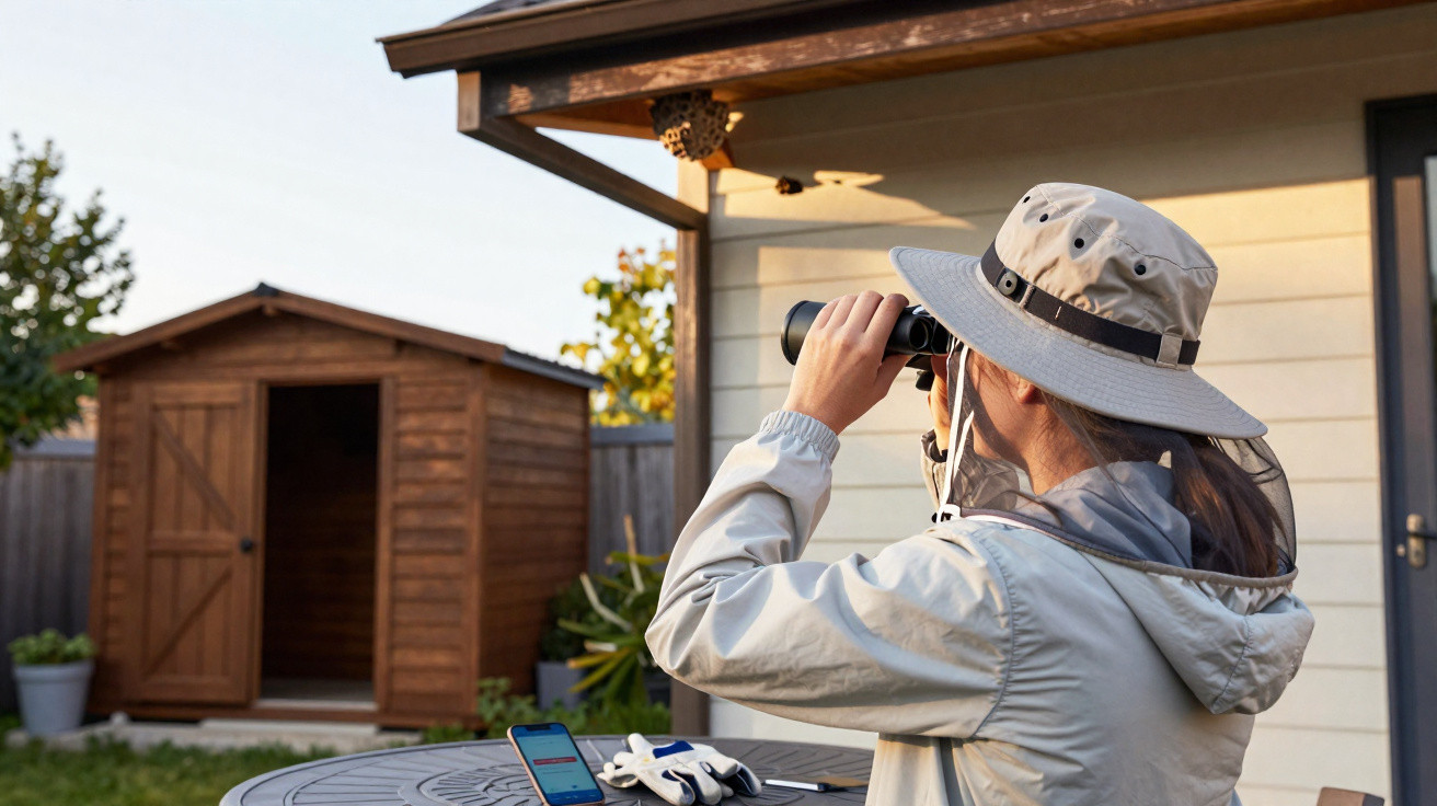 Person mit Hut beobachtet draußen im Garten mit Fernglas, Tisch mit Smartphone und Handschuhen im Fokus.