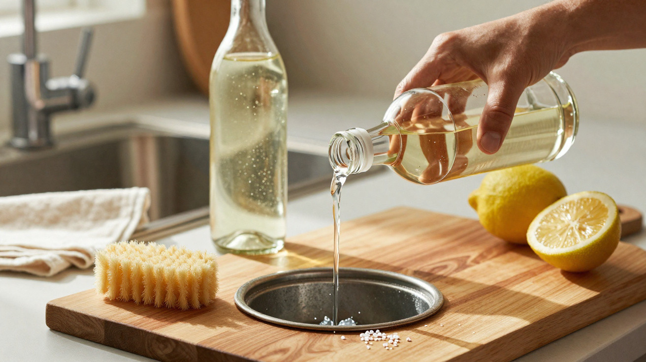 Hand gießt Flüssigkeit aus Flasche in Abfluss, neben Zitrone und Spülbürste auf Holzbrett.