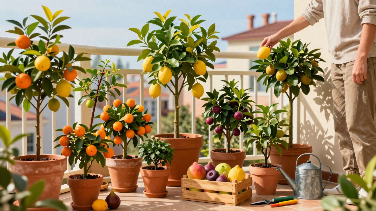 Balkon mit verschiedenen Zitrusbäumen in Töpfen, einer Person pflückt Zitrusfrüchte, Obstkiste und Gießkanne.