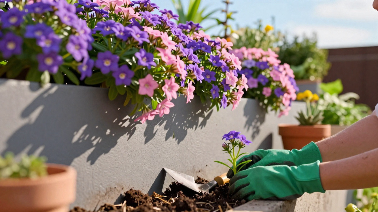 Person mit grünen Handschuhen pflanzt lila und rosa Blumen in Hochbeet auf sonniger Terrasse.