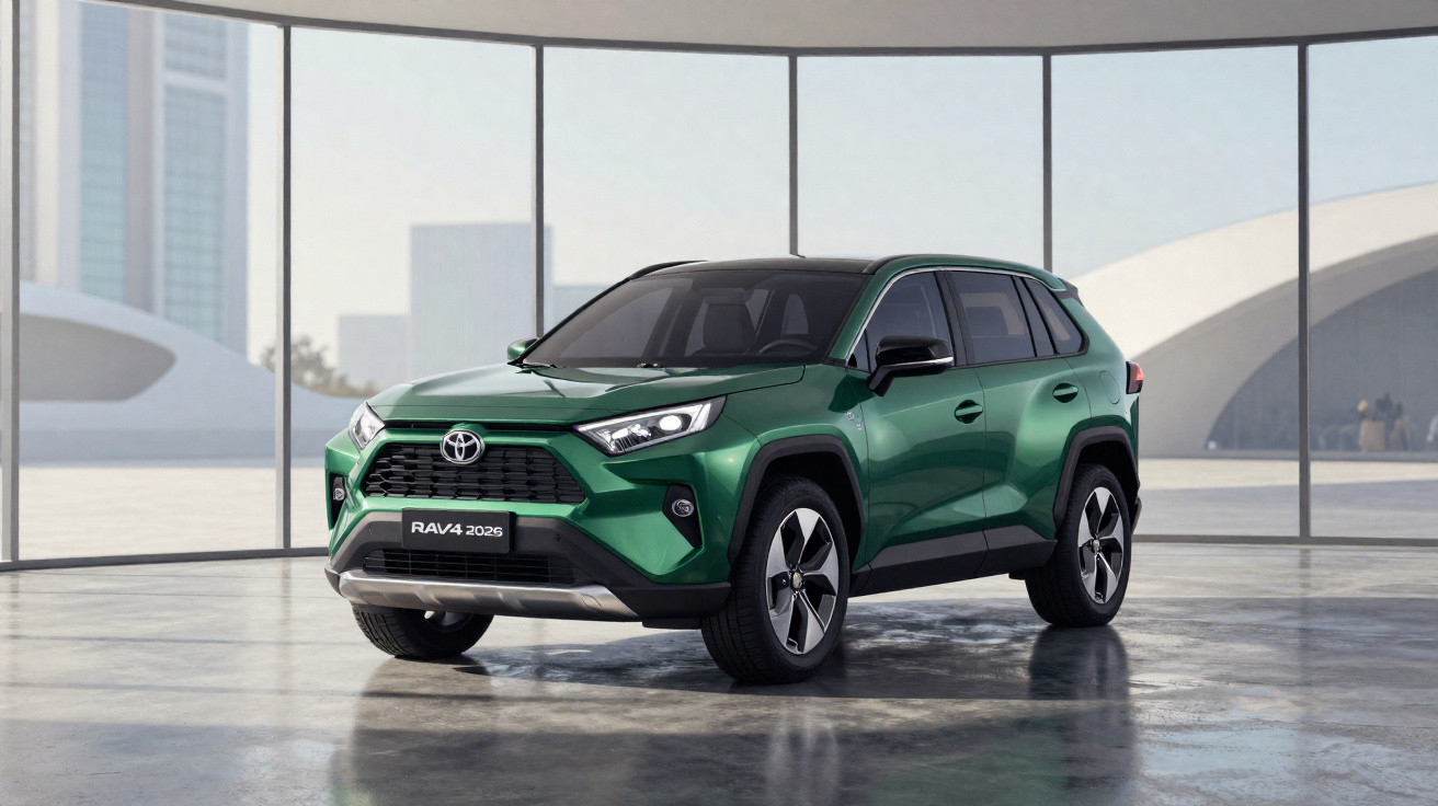 Grüner Toyota RAV4 2025 SUV in modernem Ausstellungsraum mit großen Glasfenstern bei Tageslicht.