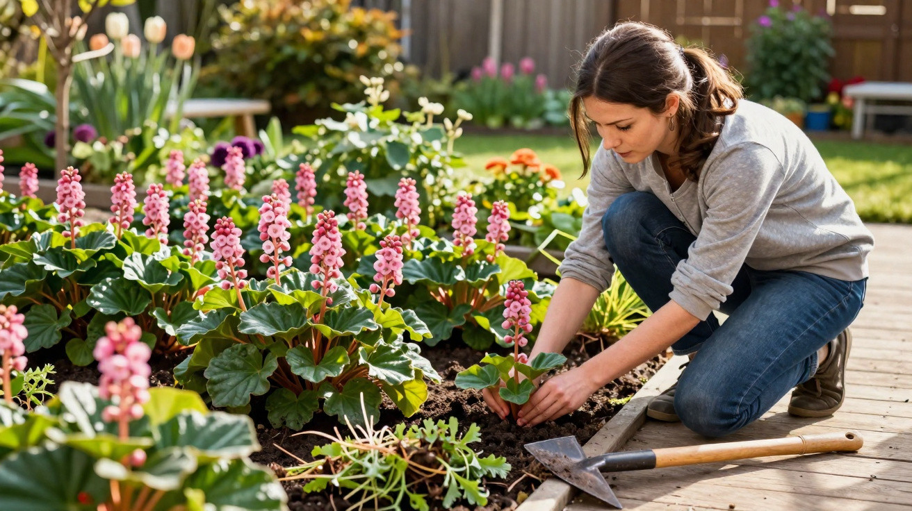Frau kniet im Garten und pflanzt pinke Blumen in ein Blumenbeet neben einem Gartenweg.