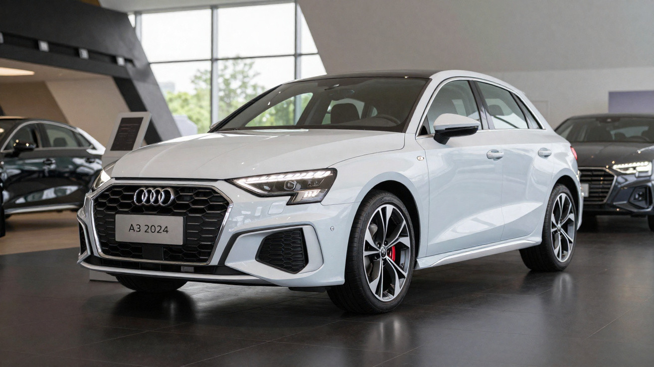 Weißer Audi A3 2024 im Autohaus, moderne LED-Scheinwerfer und sportliches Design, Seitenansicht.