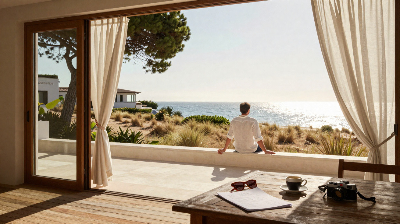 Person sitzt am offenen Fenster und blickt auf Meer, Strand und sonnige Landschaft bei klarem Himmel.
