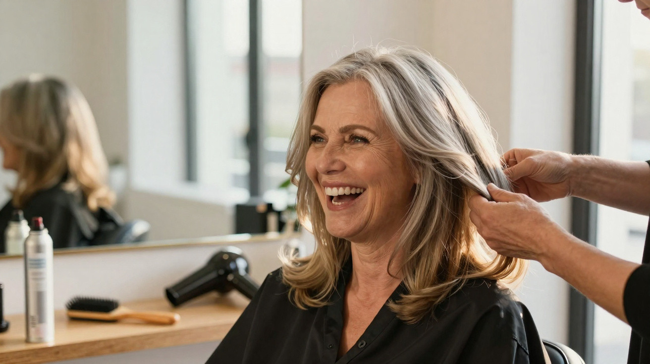 Ältere Frau lächelt glücklich, während Friseur ihre Haare in einem modernen Friseursalon stylt.