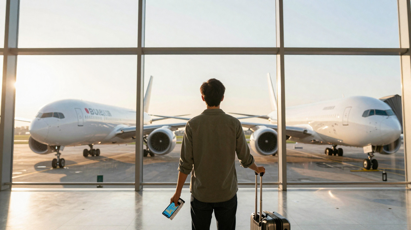 Mann mit Koffer und Smartphone blickt am Flughafen auf zwei geparkte große Passagierflugzeuge durch ein Panoramafenster.