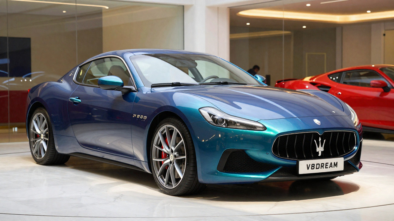 Blauer Maserati Sportwagen in einem modernen Showroom mit reflektierendem Boden und rotem Auto im Hintergrund.